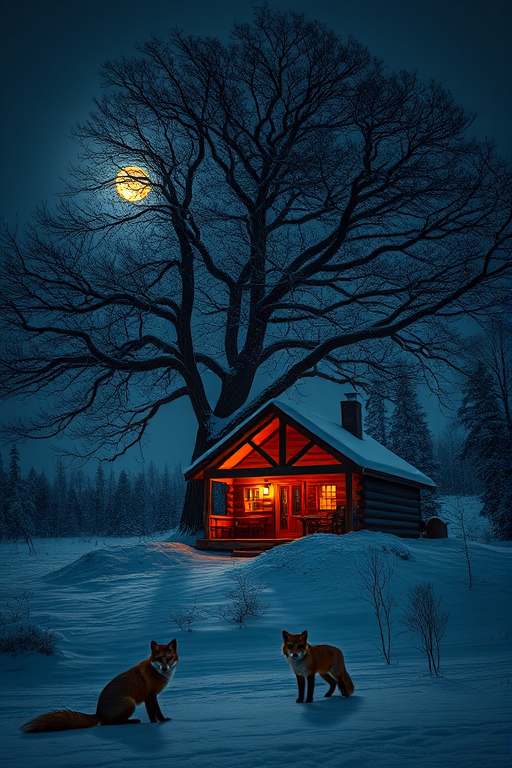 A cozy cabin under a large tree in a snowy landscape at night, featuring two foxes in the foreground, illuminated by moonlight, high-resolution, f/2.8 aperture, ISO 100, 35mm lens, DSLR camera, wide-angle view, soft lighting, rich colors.