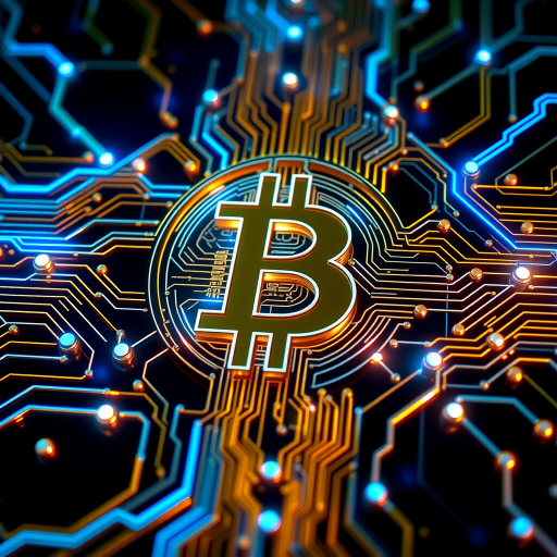 Imagine a Bitcoin symbol (₿) intricately designed as part of a futuristic, glowing circuit board. The ₿ is central, composed of metallic gold and silver lines, seamlessly blending into the web of circuits surrounding it. Blue and green LED-style lights trace through the circuits, making it look like Bitcoin is powering a digital network. The background is dark, with neon accents highlighting the tech vibe, symbolizing the digital and decentralized nature of Bitcoin
