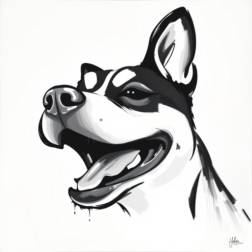 Abstract black and white acrylic portrait of an over exaggerated laughing (dog). Minimalism style. White background.