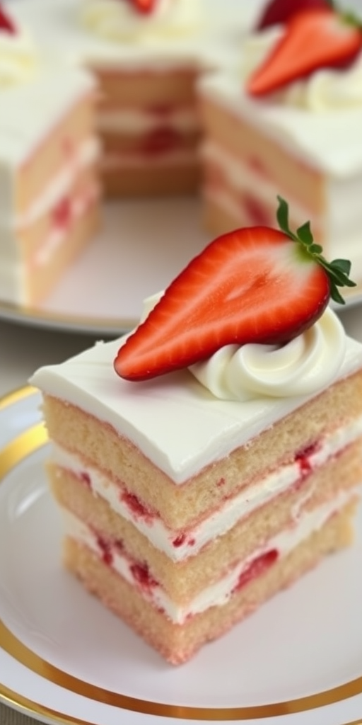 A delicious layered strawberry cake with whipped cream frosting topped with a fresh strawberry slice served on a white plate with a golden rim, with additional cake slices in the background.