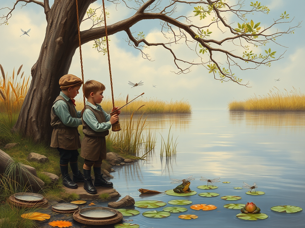 Imagine a small group of old fashioned young boys out fishing by the creek, a swing hanging from a tree branch, reeds and grasses by the water's edge, a frog sitting on a lily pad, dragonflies hovering over som water plans, a very iconic old fashioned scene reminiscent of a Norman Rockwell painting style