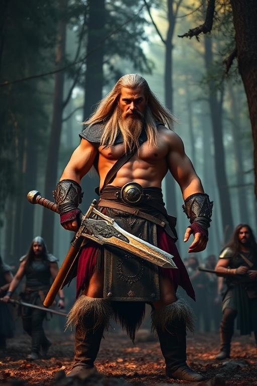 A powerful and muscular warrior with long hair stands confidently in a forest, surrounded by smaller figures, wielding a large weapon, dramatic lighting, vibrant colors, shot with a DSLR camera at 50mm, f/1.8 aperture, ISO 200, high dynamic range, cinematic style.