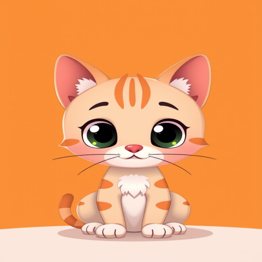 create a digital illustration of a cute cartoon cat with big eyes sitting on a flat surface, vibrant orange background, use a 50mm lens, aperture f/2.8, focal length 50mm, ISO 100, soft focus style, high-resolution digital art