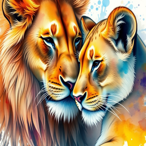 Create a vibrant watercolor illustration of a lion and lioness nuzzling each other, capturing their intimacy with bold color splashes, shot with a DSLR camera at f/2.8 aperture, ISO 100, 50mm lens, natural light.
