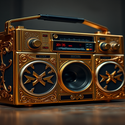 Create a highly detailed image of a vintage gold boombox with intricate designs, 50mm lens, f/2.8 aperture, shot from a frontal view, using a DSLR camera to enhance the image quality and clarity.