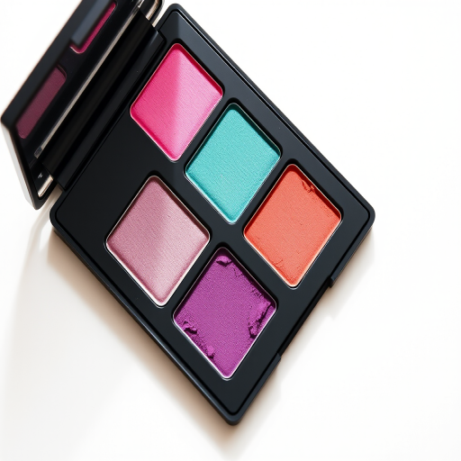 create a high-resolution image of a makeup palette with three square compartments for bright pink, teal, and purple eyeshadows, placed on a plain white background, with soft natural lighting, using a DSLR camera at f/8 aperture, 50mm lens, and ISO 200 for sharp detail and color vibrancy.