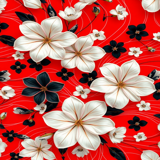 create a vibrant floral pattern with red background and flowing lines, featuring white and black flowers, captured with a DSLR camera at f/8, ISO 100, 50mm lens, shallow depth of field, top-down view, and vibrant color saturation for enhanced image quality