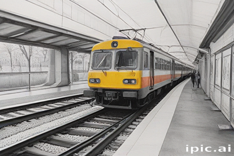Urban Train Station Scene Featuring a Colorful Train Arriving at Platform