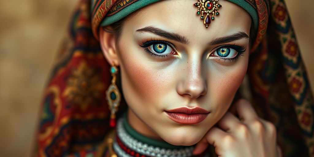 Create a portrait of a beautiful Circassian woman with striking cyan eyes and a gentle expression. She is adorned in traditional attire with intricate patterns, including a richly embroidered headscarf and matching garments. Her jewelry includes a delicate headpiece, dangling earrings, and ornate bracelets, all featuring vibrant gemstones and detailed metalwork. The background is soft and warm, enhancing the rich colors of her outfit and jewelry.