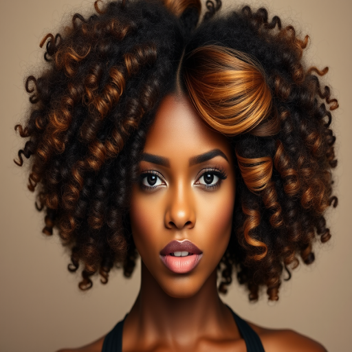 Fierce woman sporting a voluminous afro with defined curls, highlighted with golden honey streaks and styled with a bold side part