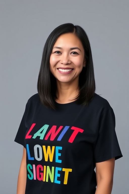 Generate an image of a smiling woman with shoulder-length black hair, wearing a black t-shirt with colorful text, standing in a neutral gray background, camera settings: f/2.8, ISO 100, shutter speed 1/200s, camera view: frontal, camera style: professional portrait, camera type: DSLR.