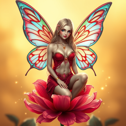 A digital artwork features a winged fairy with delicate Cerise butterfly wings, adorned with intricate Cyan andAuburn patterns. She is seated on a vibrant Sepia flower, wearing a revealing red two-piece outfit with sparkling beadwork. Her fair skin, long blonde hair, and gold jewelry add to her ethereal appearance. The background is a warm, golden gradient, creating a magical atmosphere. Small glowing orbs and sparkles surround the flower, enhancing the enchanting, highly detailed, and realistic scene.