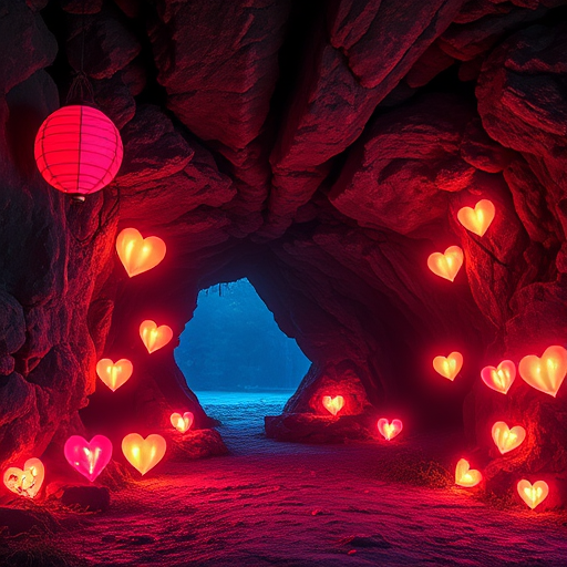 Create a vibrant fantasy scene of a magical cave entrance with glowing hearts floating around, set at twilight, using a DSLR camera with a 24mm lens, aperture at f/2.8, ISO 200, capturing in HDR with a wide-angle view for enhanced detail and color depth.