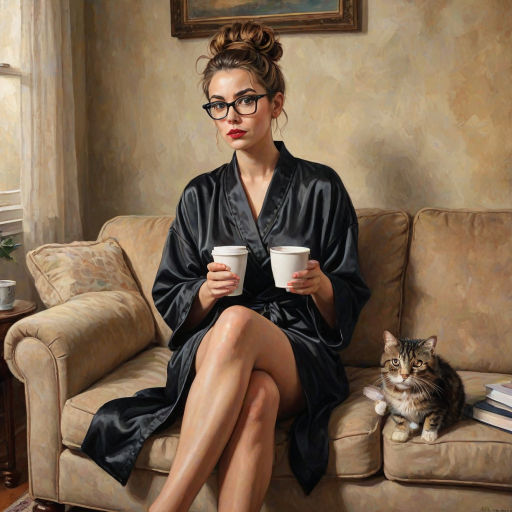 The words ‘Professional Overthinker’ (exact spelling) An exaggerated whimsical illustration of a cute silly lady with unruly messy brown bun and black glasses pouty lips and a thinking expression. Shes sitting on the couch, legs folded wearing a black silk robe, black fuzzy slippers. She’s holding her coffee cup and making a deep-in-thought face.  A quirky scruffy cat (dog) looking at her against a mottled, oil painting style soft background living room setting.