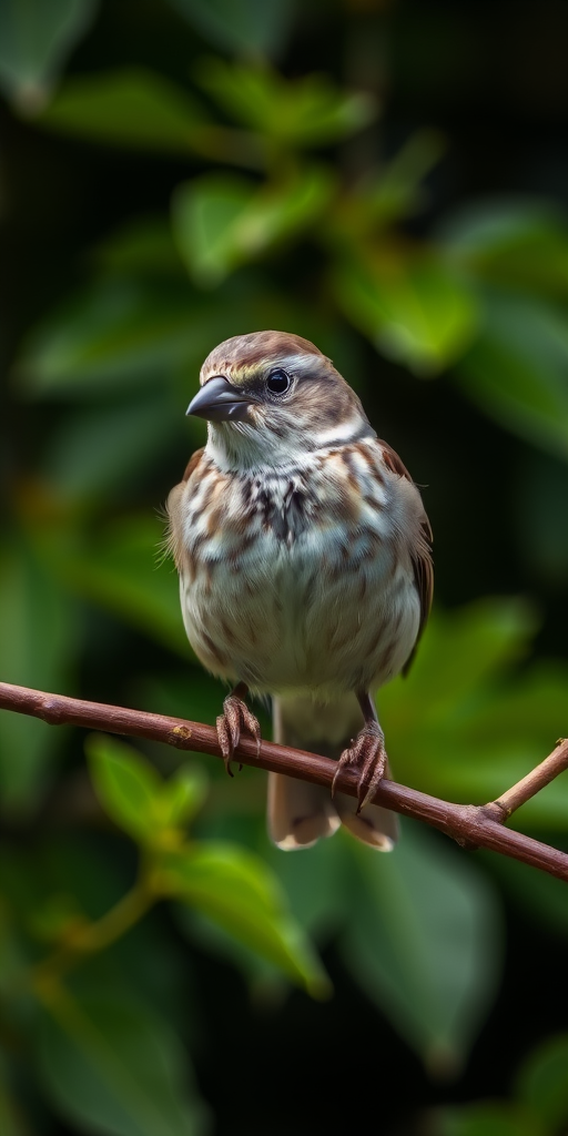 Capture a close-up of a house sparrow perched on a branch, with a blurred background of lush green leaves, using a DSLR camera, 105mm lens, f/4 aperture, ISO 200, shutter speed 1/500s, natural light for enhanced detail and clarity.