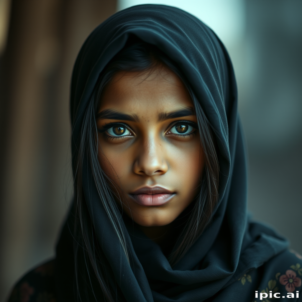 Create a portrait of a young Sri Lankan woman with long, dark hair and captivating hazel eyes. She is wearing a dark headscarf and a matching scarf draped gracefully around her neck. The background is softly blurred, focusing attention on her serene and natural expression. The overall color palette is muted and warm, enhancing the intimate and authentic feel of the portrait.