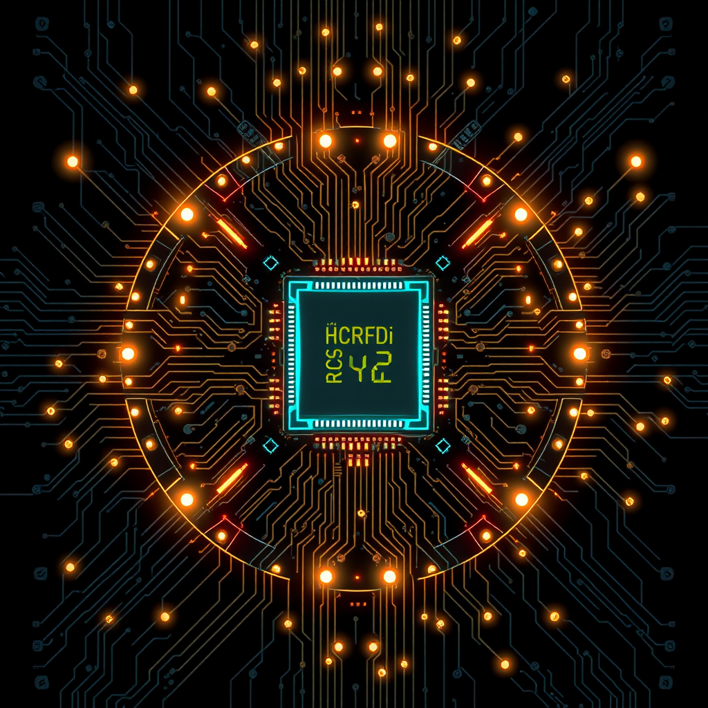Generate a futuristic circuit board design with a central glowing processor. Emphasize intricate patterns and glowing elements, creating a high-tech, digital aesthetic. Use a dark background to enhance the brightness of the lights and details.