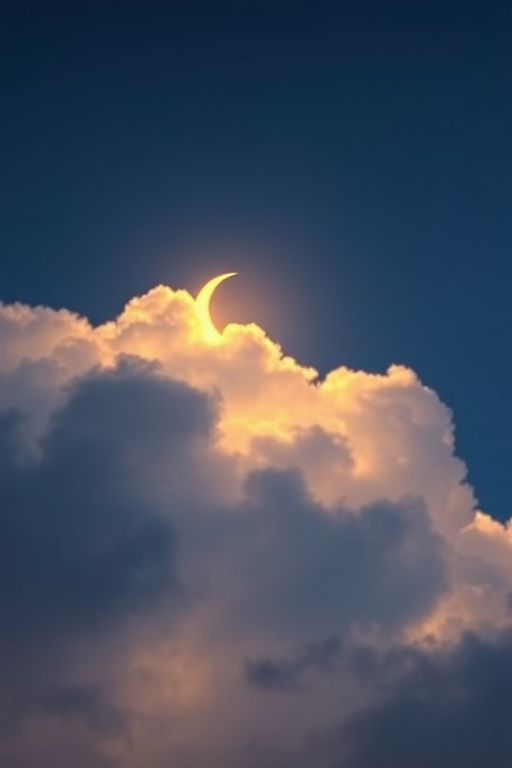 Create a serene night sky scene with a bright yellow crescent moon partially hidden behind fluffy white clouds, using a DSLR camera, 50mm lens, aperture f/1.8, ISO 100, and a soft focus effect for dreamy quality.