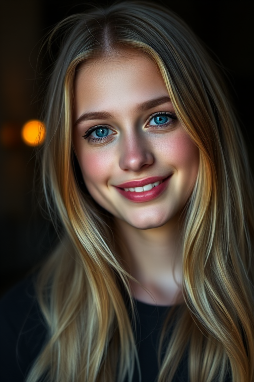 portrait of a young woman with long blonde hair and blue eyes smiling softly in a dimly lit setting, shot with a Canon EOS R5, 85mm f/1.2 lens, ISO 100, aperture f/1.8, 1/200s shutter speed, natural soft lighting to enhance facial features and a slightly blurred background for depth.