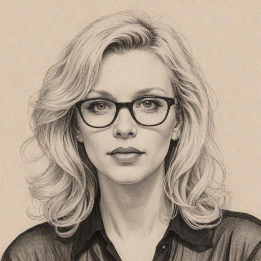 Wonderful Courtney Love, pencil sketch, portrait of Elegant woman 1956s in glasses, hair style beatnik, outline, clear lines, fine lines, 8k