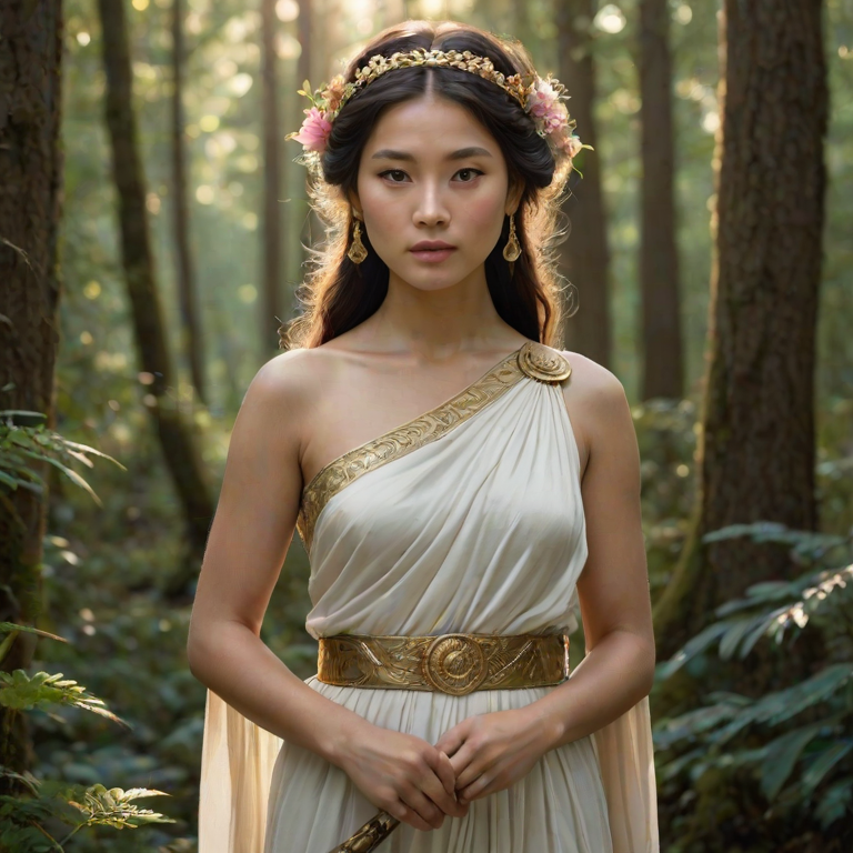 Create a portrait of a goddess-like Tibetan girl figure in a tranquil, forested environment. She has an elegant appearance with long, wavy hair styled in an updo and adorned with a delicate, floral headband. She wears a flowing, ancient Greek-inspired gown in a soft, pale color, featuring a one-shoulder design and draped fabric that accentuates her graceful form. The outfit includes a decorative belt with ornate gold detailing, and she holds a bow in her hand, with a quiver of arrows slung over her shoulder. The background depicts lush greenery, with sunlight filtering through the trees, casting a gentle, ethereal light on the scene. Her expression is calm and contemplative, embodying a sense of wisdom and serenity.