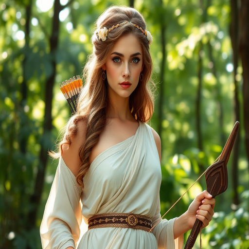 Create a portrait of a goddess-like female figure in a tranquil, forested environment. She has an elegant appearance with long, wavy hair styled in an updo and adorned with a delicate, floral headband. She wears a flowing, ancient Greek-inspired gown in a soft, pale color, featuring a one-shoulder design and draped fabric that accentuates her graceful form. The outfit includes a decorative belt with ornate gold detailing, and she holds a bow in her hand, with a quiver of arrows slung over her shoulder. The background depicts lush greenery, with sunlight filtering through the trees, casting a gentle, ethereal light on the scene. Her expression is calm and contemplative, embodying a sense of wisdom and serenity.
