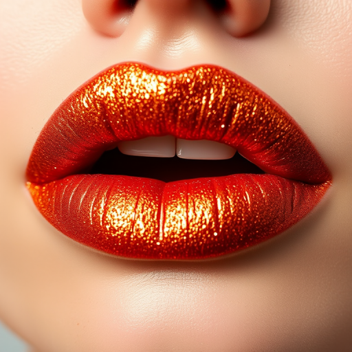 Glittery copper "Sunburst Spark" lip powder with a metallic finish, transforming into a smooth, molten metal look when applied to the lips