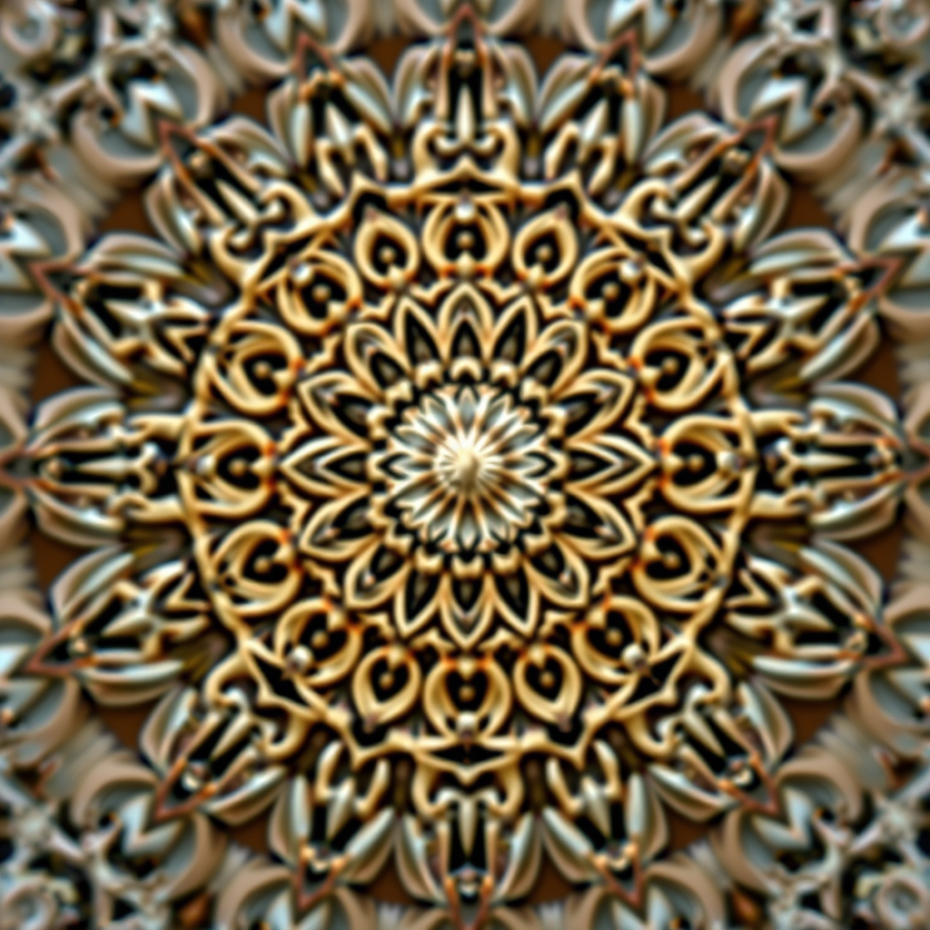 Create a detailed mandala design featuring intricate patterns and symmetrical shapes, shot with a DSLR camera at f/8 aperture, 1/60 sec shutter speed, ISO 100, macro lens, top-down view, high resolution for enhanced clarity and detail.