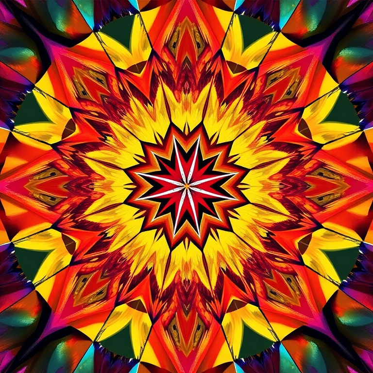 Create a high-resolution illustration of an abstract geometric pattern with vibrant colors, using a Canon EOS R5, 24mm lens, f/4 aperture, ISO 100, natural light, top-down view, and a sharp focus to enhance detail and clarity.
