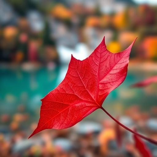 Capture a close-up of a vibrant red autumn leaf in sharp focus against a blurred background of a serene turquoise lake and colorful trees, taken with a Canon EOS R5, 50mm lens, f/1.8 aperture, ISO 100, and a shallow depth of field for enhanced image quality.