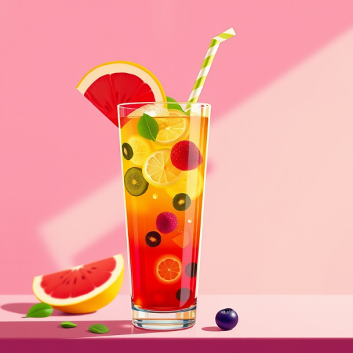 Create a vibrant digital illustration of a fruit drink in a tall glass with a straw, featuring bold colors and a playful design, using a Canon EOS R5, ISO 100, f/2.8, 50mm lens, soft lighting, and a high-resolution setting for sharp details.