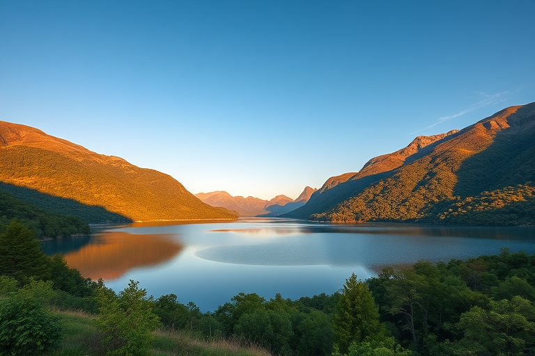 Create an image of a serene landscape featuring a tranquil lake surrounded by lush green mountains under a clear blue sky, shot with a Canon EOS R5 camera, 50mm lens, f/1.8 aperture, ISO 100, at sunrise with a focus on vibrant colors and sharp details.