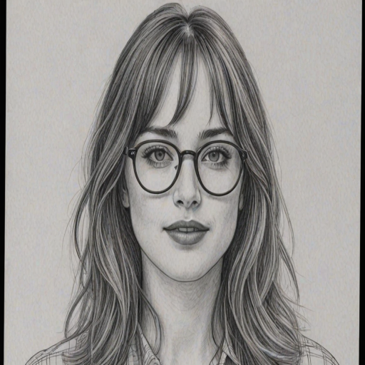 Splendid Dakota Johnson, pencil sketch, portrait of Appealing woman 1971s in glasses, hair style beatnik, outline, clear lines, fine lines, 8k