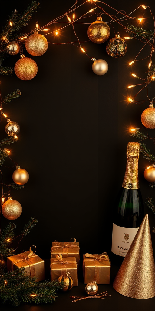 Create a festive New Year's celebration scene with a dark background. Include elements like gold and silver ornaments, twinkling fairy lights, small wrapped gifts, a bottle of champagne, and party hats. Arrange everything in a way that creates a warm and inviting atmosphere, ensuring there is space for text or additional elements in the center.