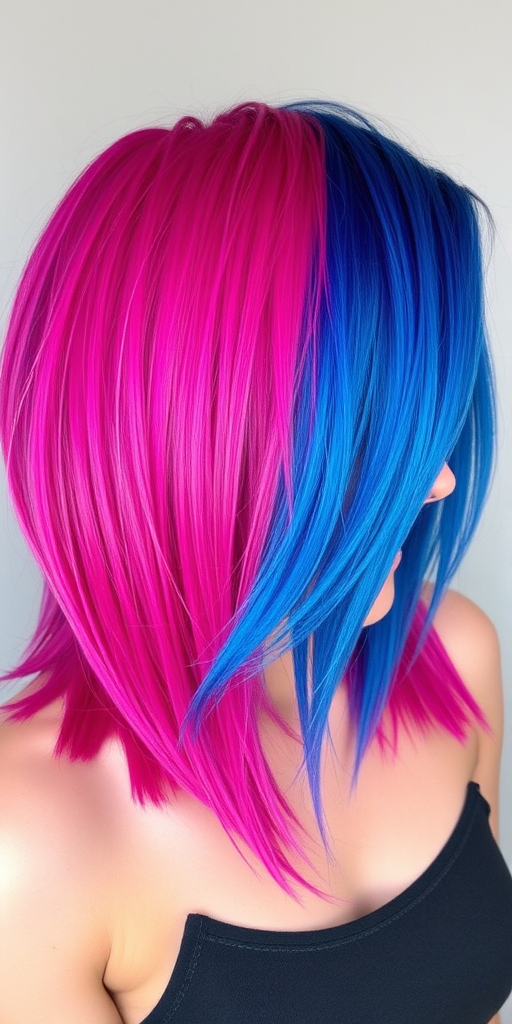 Eccentric hair style presenting a multi-colored split dye with half vibrant magenta and half electric blue on a medium-length shag cut