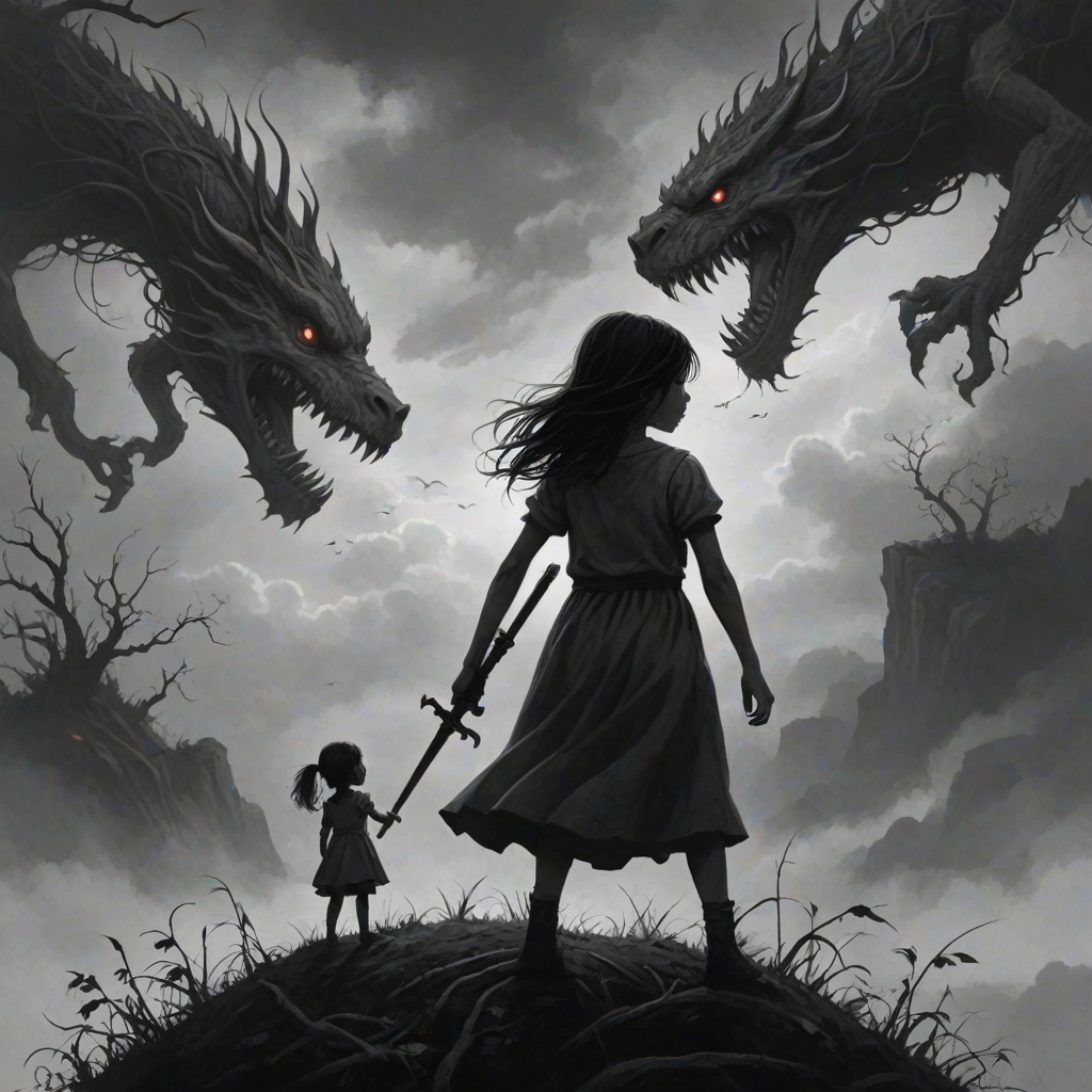 Fight your fears illustration of black and white minimalist of a little girl standing on a hill, raising a sword in hand, she is facing a large menacing creature with large head, sharp teeth and sharp claws, its body is made of vines and roots. The background is a cloudy sky with a hint of smoke or fog. The overall mood of the image is dark and eerie.