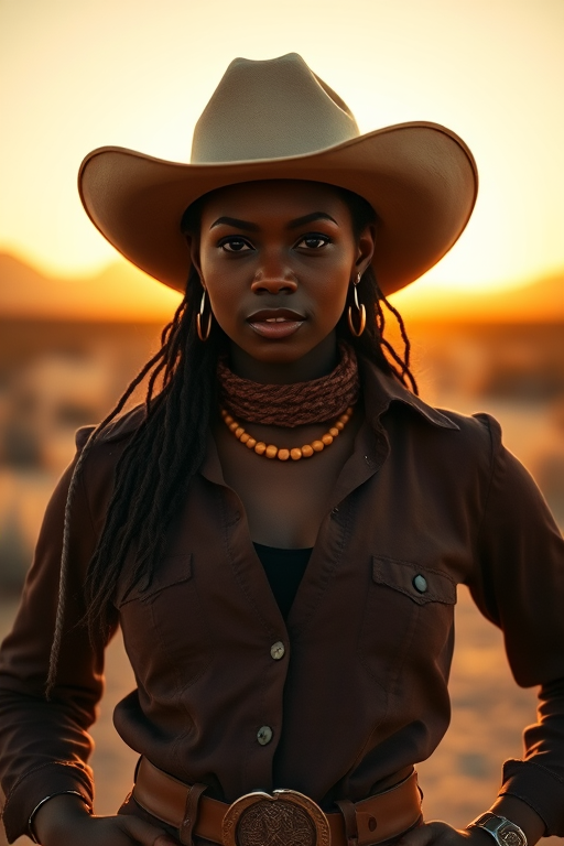 Dramatic photo of a beautiful Afro-Caribbean woman, classic cowboy attire, confident and free spirit expression, half-length portrait, centered, golden hour desert landscape, warm, diffused light, low angle, medium format film camera, in style of Annie Leibovitz.