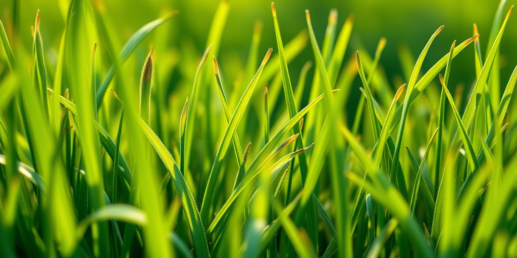 Create a detailed illustration of grass at various heights with vibrant green hues and textures, using a DSLR camera with a 50mm lens, aperture set to f/2.8, ISO 100, and a shallow depth of field for clarity, captured from a low angle view to emphasize the grass blades.