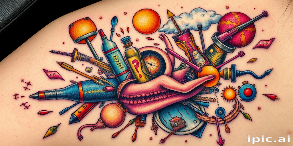 Surrealist tattoo called "Melting Realities" combining elements from different objects and scenes in unexpected ways with vivid colors and dreamlike distortions for a mind-bending effect
