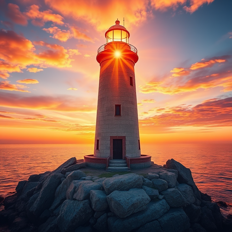 Generate an image of a tall lighthouse perched on a rocky outcrop surrounded by calm ocean waters during a breathtaking sunset. The lighthouse stands sturdy and weathered, its stone surface illuminated by the warm golden light of the setting sun. The sun's rays pass directly through the glass lantern room at the top of the lighthouse, casting a brilliant light across the scene. The sky is painted with vibrant shades of orange, pink, and purple, reflecting off the tranquil sea. The surrounding water shimmers with the same warm hues, creating a serene and majestic atmosphere.