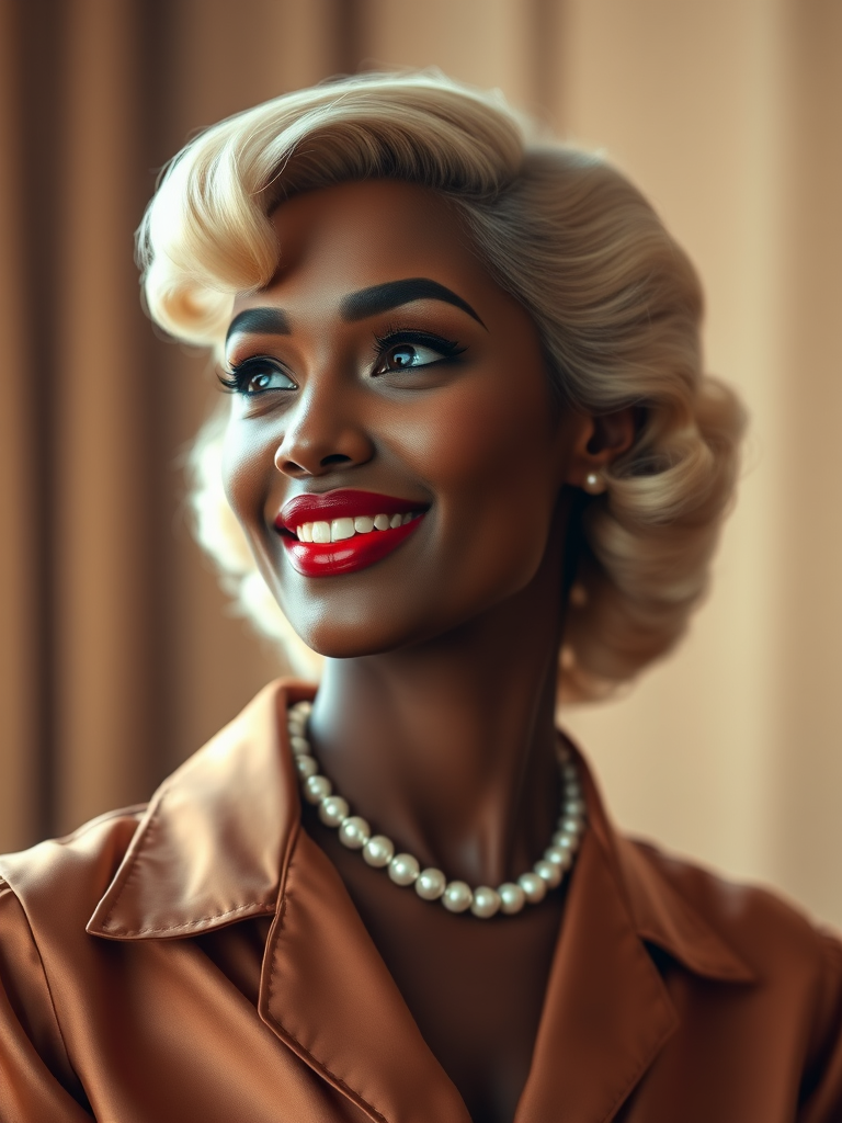A beautiful Afro-Caribbean woman reminiscent of 1950s Hollywood glamour, with perfectly styled blonde hair and a seductive smile, dressed in a satin blouse and adorned with pearls, soft and warm tones, photorealistic, 8K