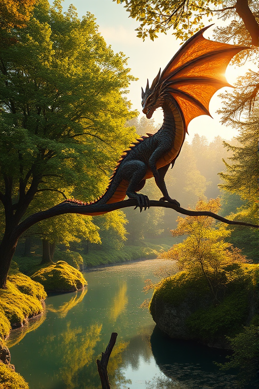 fantasy landscape featuring a majestic dragon perched on a branch, surrounded by lush green trees and a sparkling lake, golden sunlight filtering through the leaves, shot with a Canon EOS 5D Mark IV, 50mm lens, aperture f/2.8, ISO 100, HDR photography style, vibrant colors and high detail
