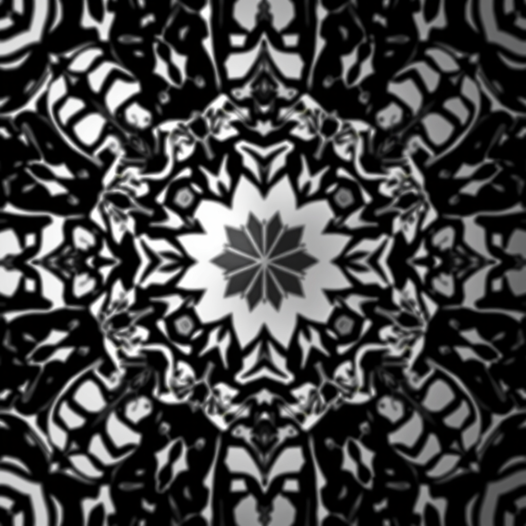 Create an abstract black and white design with intricate geometric patterns, using a 50mm lens, f/1.8 aperture, 1/125 sec shutter speed, and ISO 100, captured from a top-down view to enhance depth and detail, photograph style, DSLR camera type.