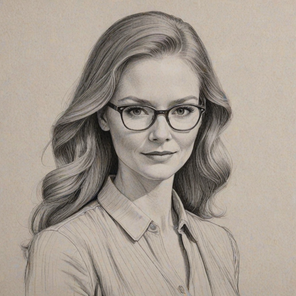 Comely Darby Stanchfield, pencil sketch, portrait of Charming woman 1947s in glasses, hair style beatnik, outline, clear lines, fine lines, 8k