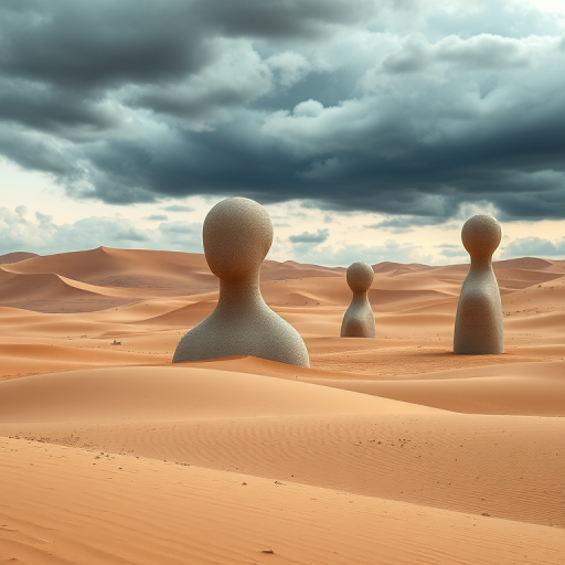 create a surreal image of large, smooth, humanoid sculptures in a vast desert landscape with rolling sand dunes under a dramatic, cloudy sky, using a DSLR camera at f/8 aperture, 1/250 shutter speed, ISO 100, wide-angle lens, and soft natural lighting for enhanced detail and texture.