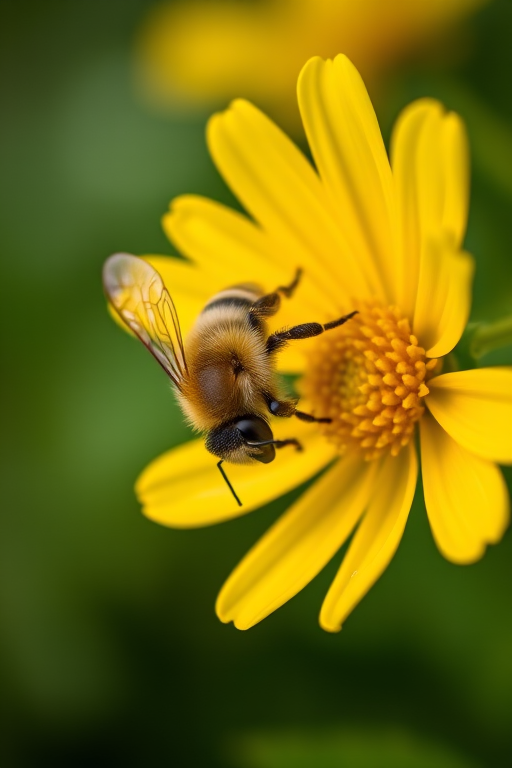 macro shot of a bee on a yellow flower with blurred green background, aperture f/2.8, shutter speed 1/250s, ISO 200, 50mm lens, natural lighting, taken with a DSLR camera, focus on the bee while keeping the flower slightly soft