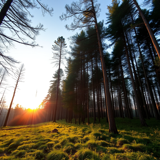 Generate an image of a serene forest landscape during sunrise with soft light filtering through the trees, captured with a Canon EOS R5 at f/4, ISO 100, 1/60 sec, wide-angle view, in a vibrant color style.