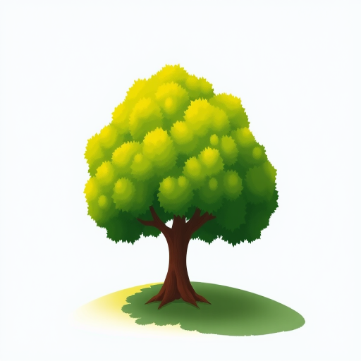 Create a vibrant digital illustration of a stylized tree with a round, green canopy and a brown trunk, set on a simple green hill under a clear blue sky, captured with a DSLR camera using a 35mm lens, f/8 aperture, ISO 100, and a soft-focus background for enhanced image depth.