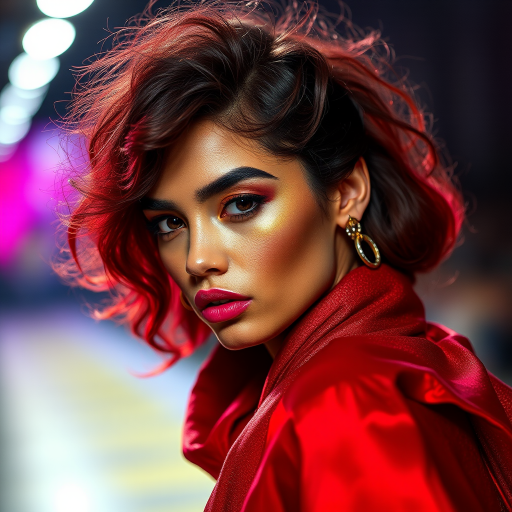 Runway capture, a beautiful model, vibrant colors, metallic textures, high fashion editorial , a 100mm macro lens to get extreme close-ups of intricate details like fabric stitching, accessories, or makeup artistry