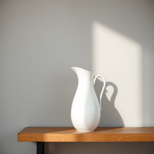 still life of a white pitcher on a wooden shelf against a minimalist gray wall, soft natural lighting, shallow depth of field, 50mm lens, f/1.8, ISO 200, shot at 1/125 sec, DSLR camera, soft focus background